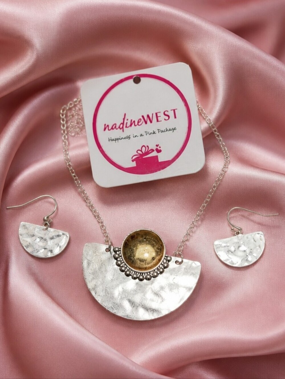 NWT Nadine West Silver and Gold Hammered Half Circles Necklace ER Set